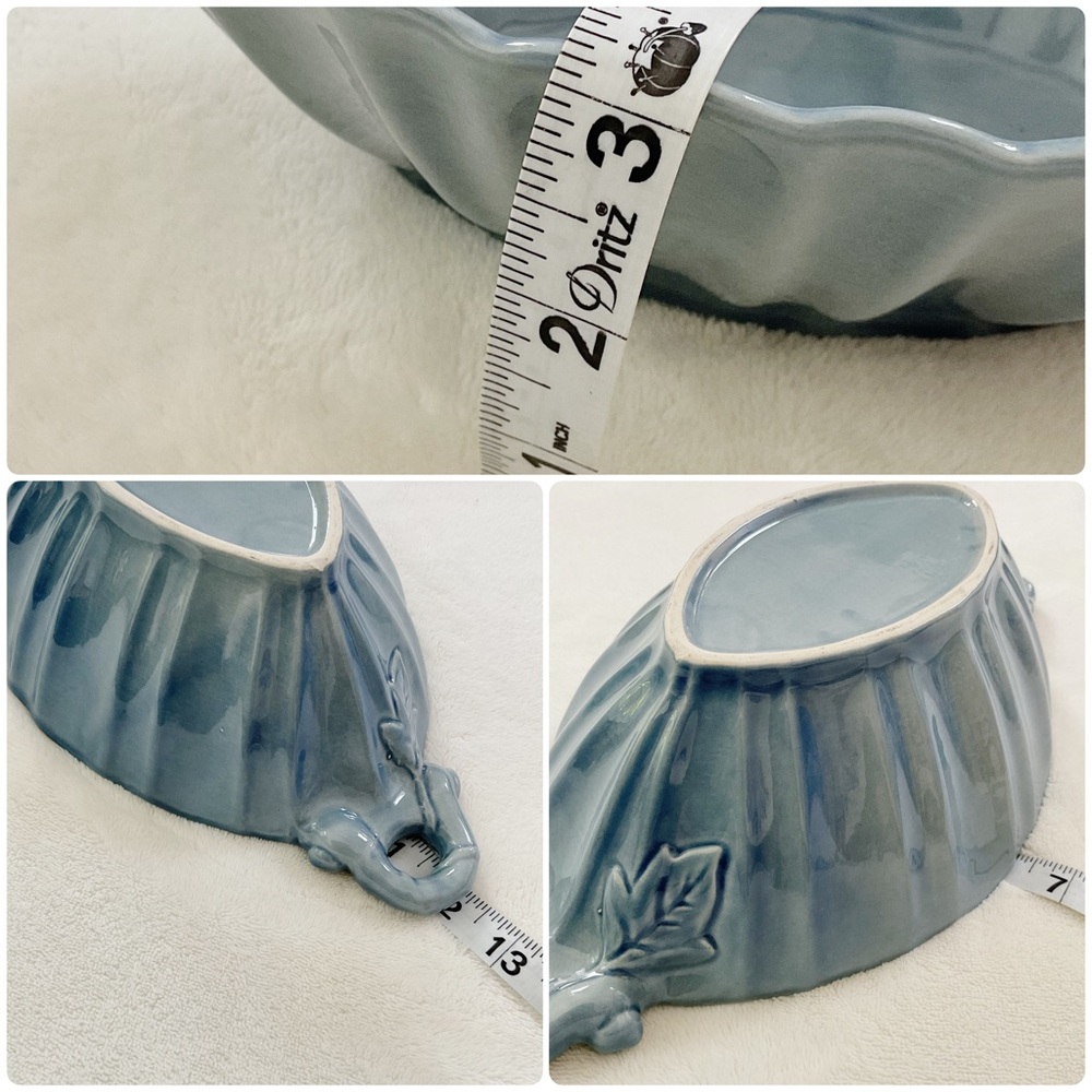 Vintage Blue Glazed Ceramic Centerpiece Bowl Leaf Handle MCM Console Bowl - Picture 15 of 16